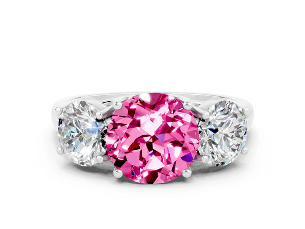 Platinum Three-Stone Round Cut Pink Sapphire Engagement Ring with Prong Setting