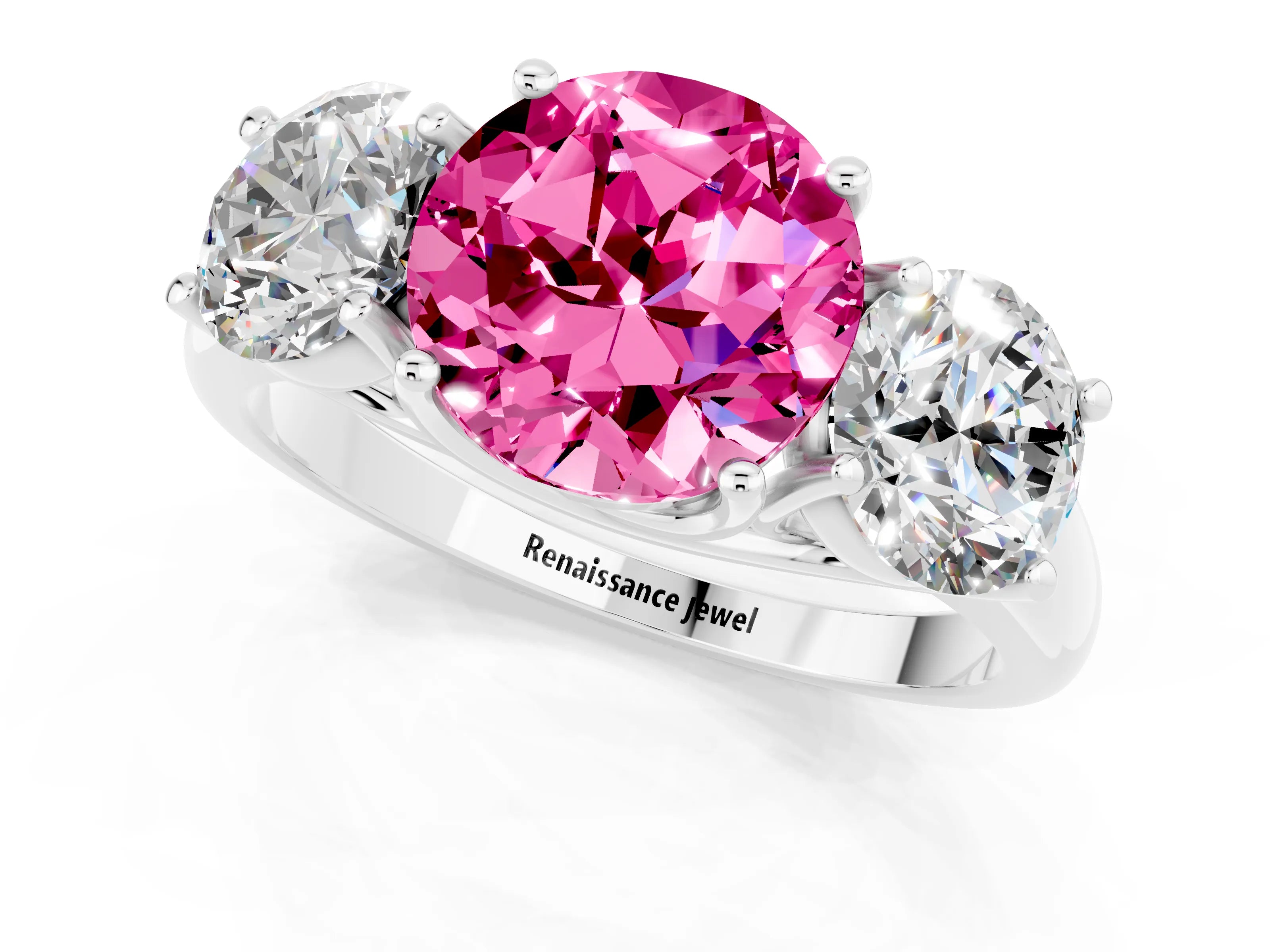White gold Three-Stone Round Cut Pink Sapphire Engagement Ring with Prong Setting_13