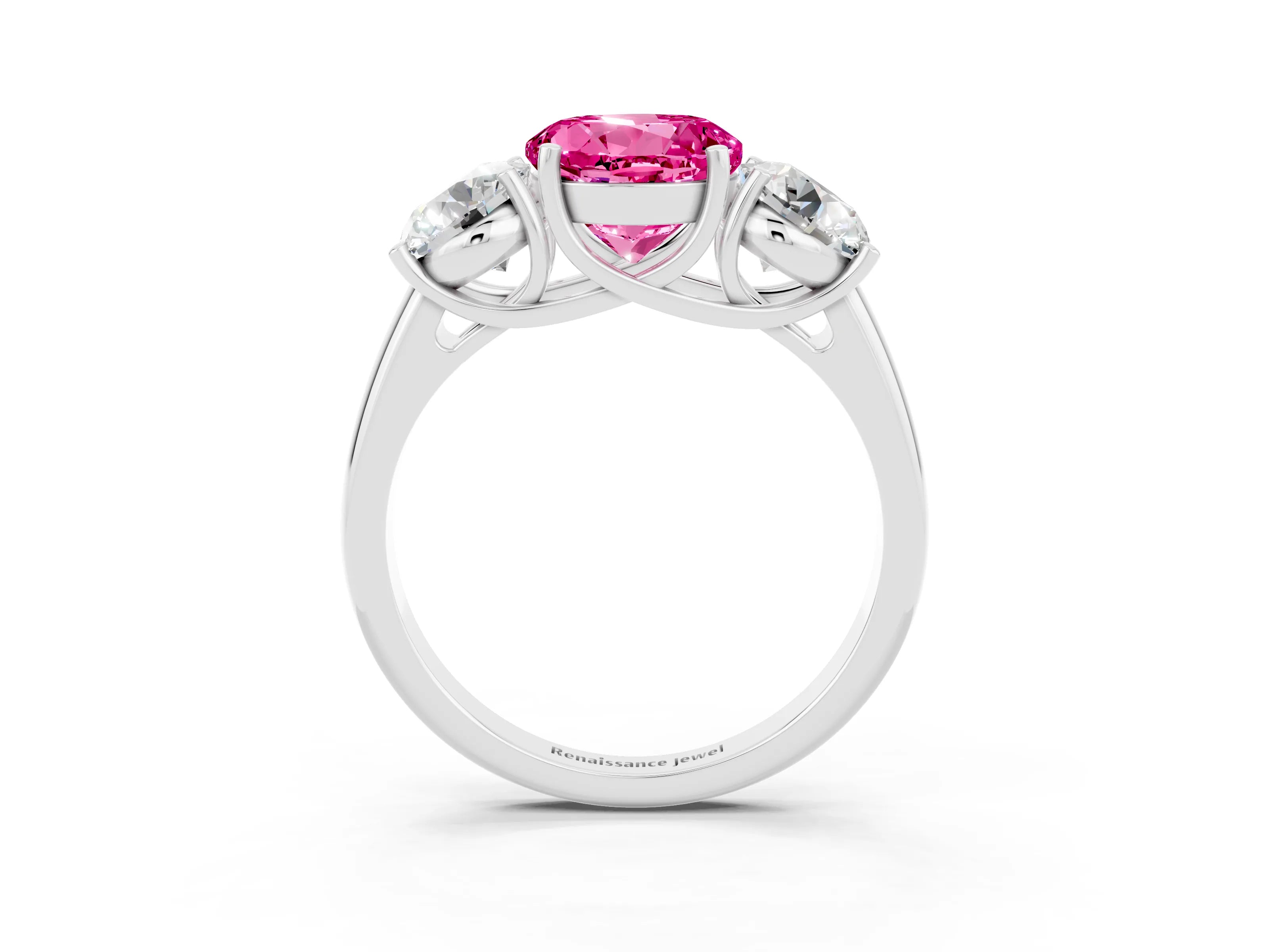 White gold Three-Stone Round Cut Pink Sapphire Engagement Ring with Prong Setting_15