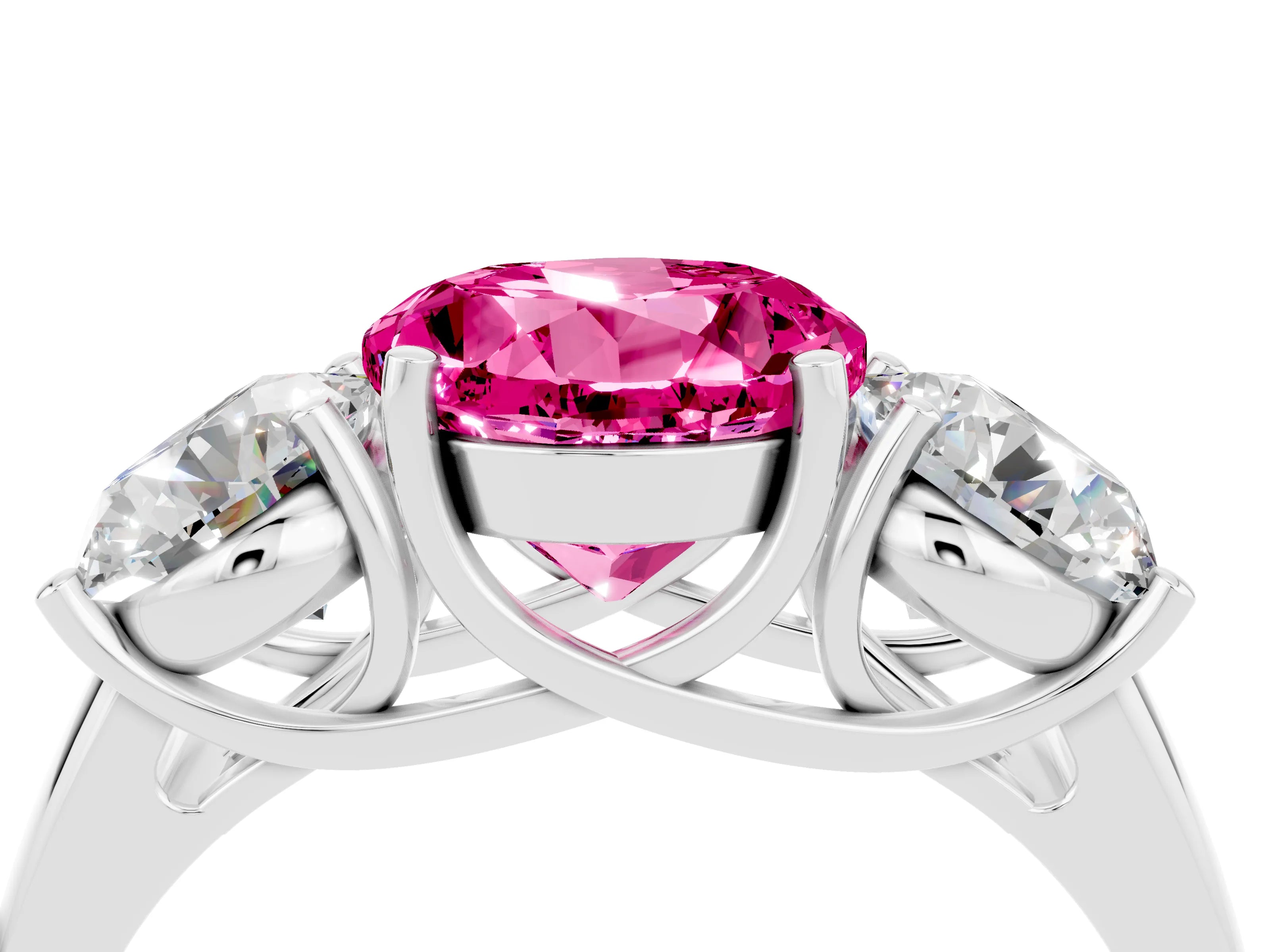 White gold Three-Stone Round Cut Pink Sapphire Engagement Ring with Prong Setting_16