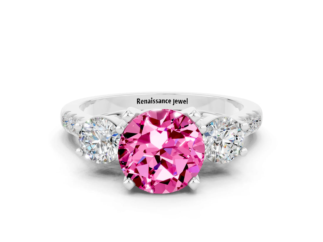 White gold Three-Stone Round Cut Pink Sapphire Pavé Band with Four-Prong Setting_24