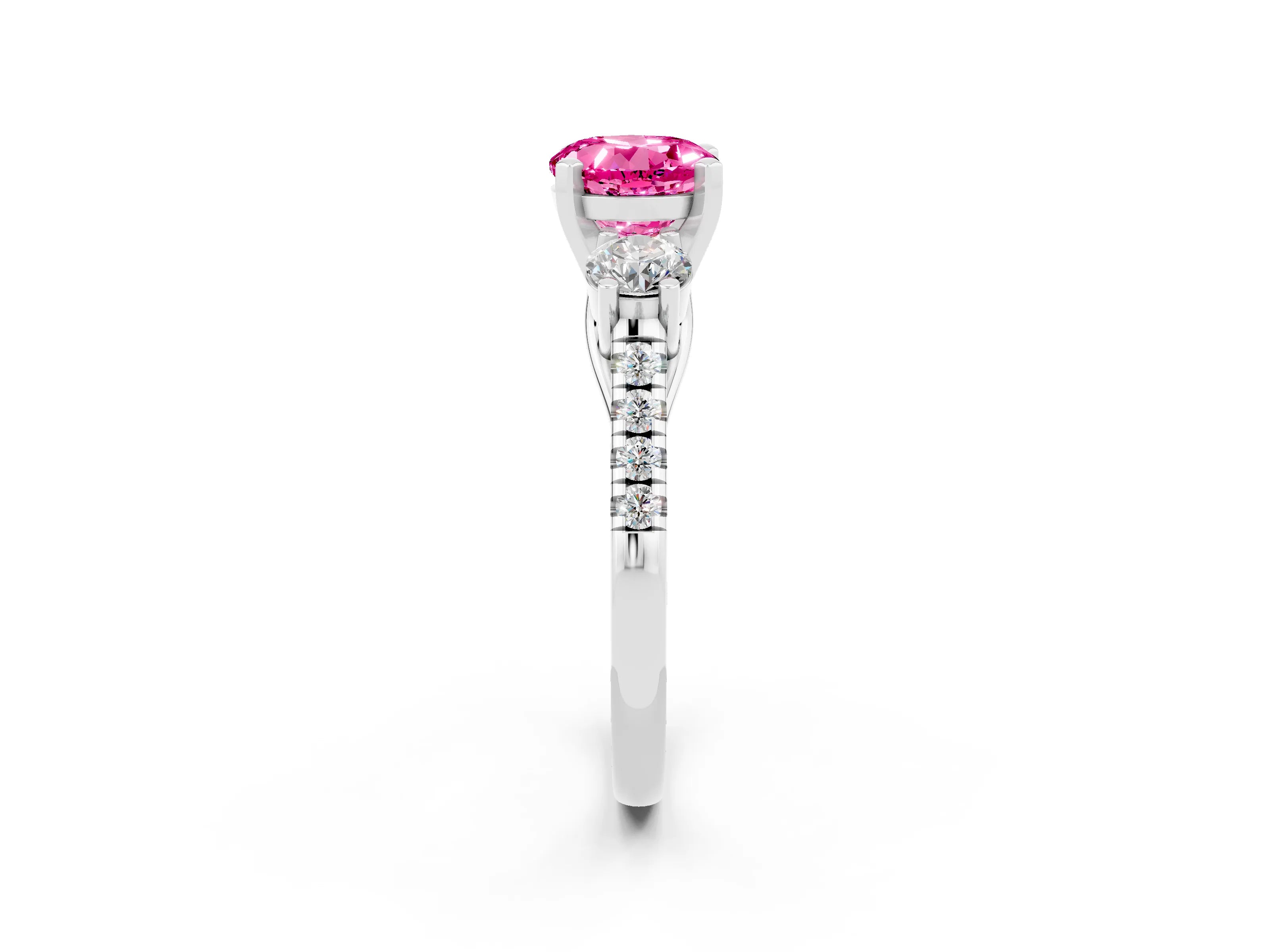 White gold Three-Stone Round Cut Pink Sapphire Pavé Band with Four-Prong Setting_26