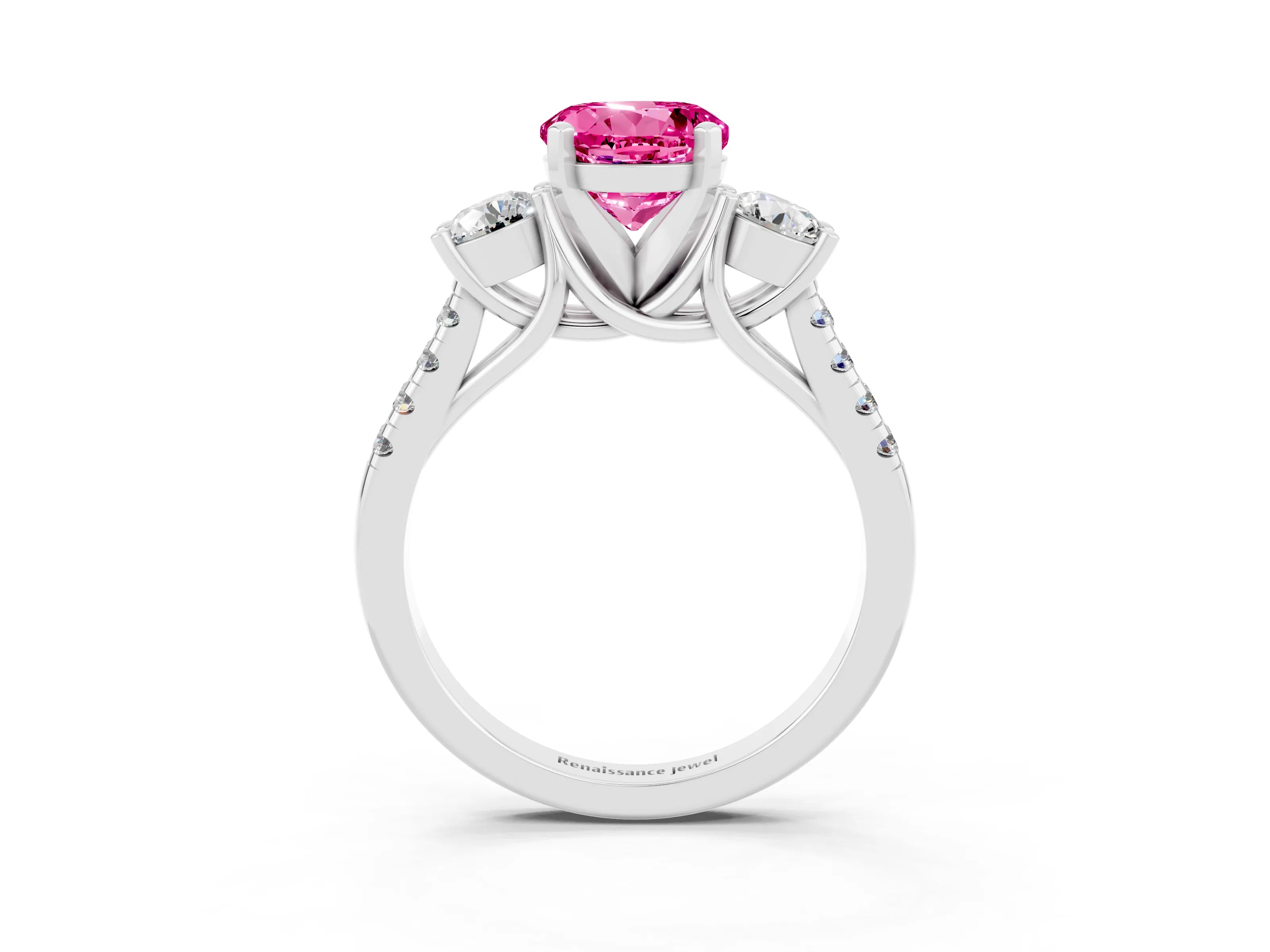 White gold Three-Stone Round Cut Pink Sapphire Pavé Band with Four-Prong Setting_27