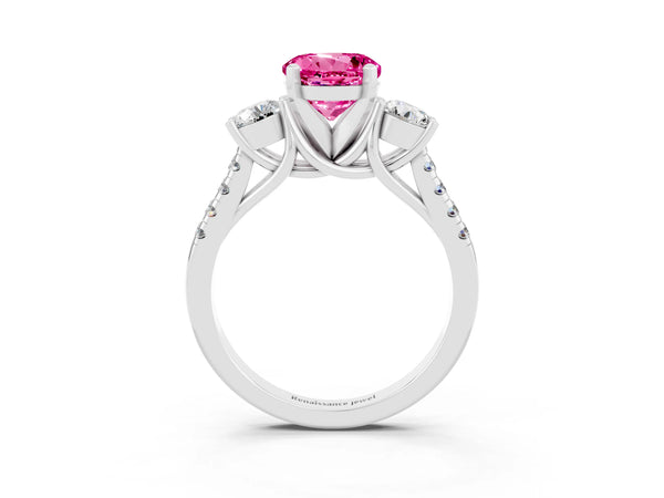 Platinum Three-Stone Round Cut Pink Sapphire Pavé Band with Four-Prong Setting