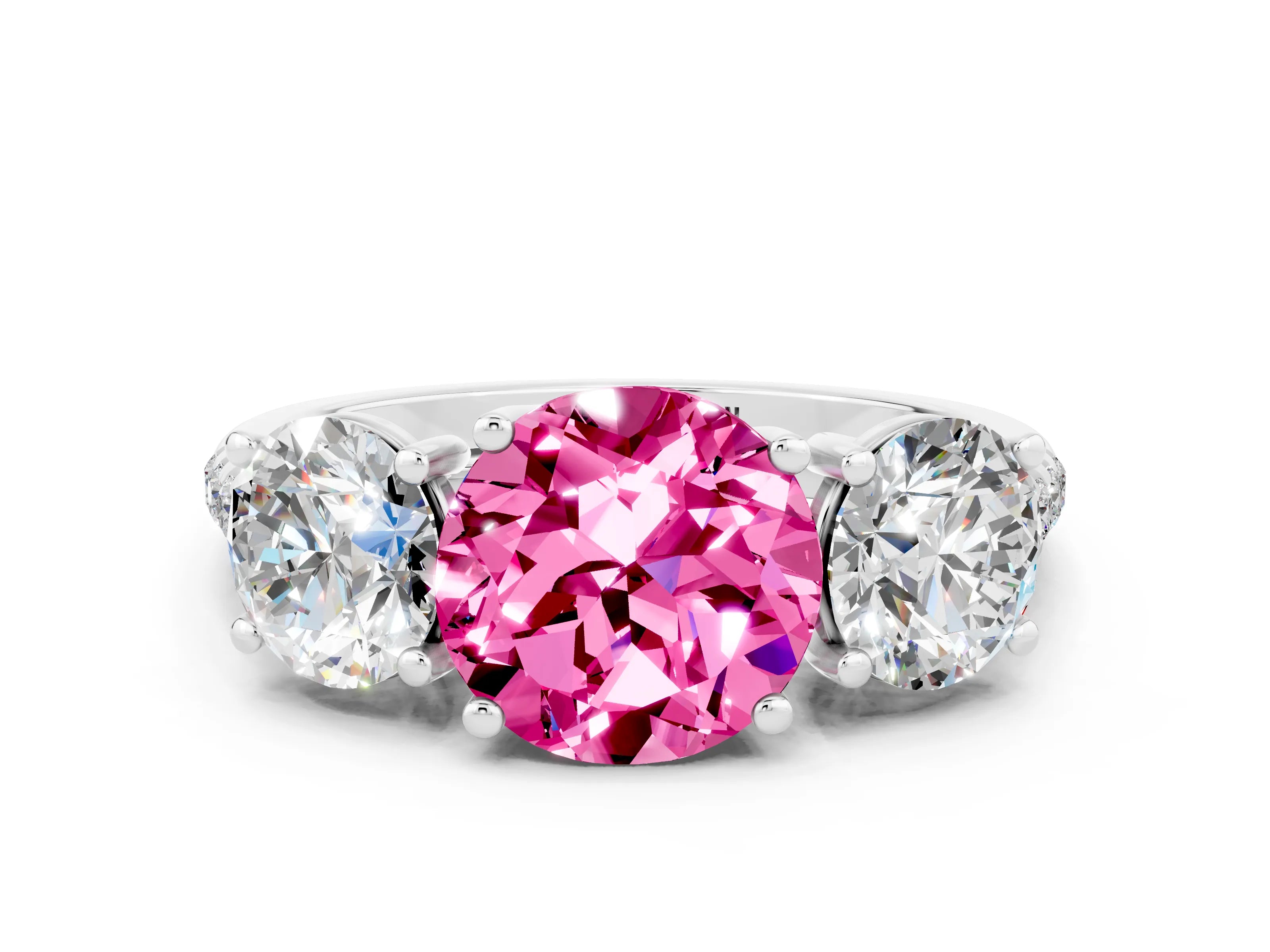 White gold Three-Stone Round Cut Pink Sapphire Ring with Pavé Band and Prong Setting_36