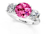 White gold Three-Stone Round Cut Pink Sapphire Ring with Pavé Band and Prong Setting_37