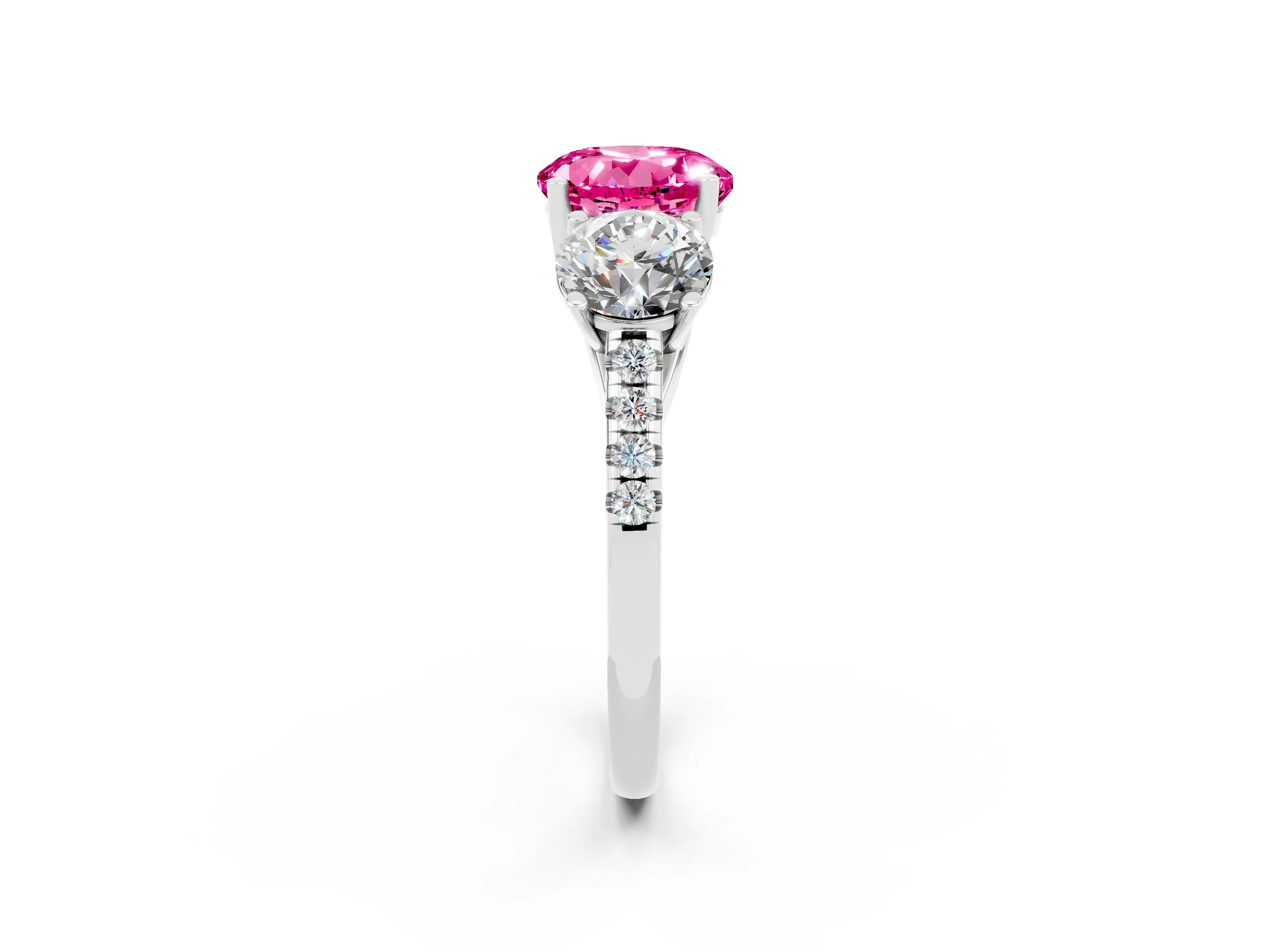 White gold Three-Stone Round Cut Pink Sapphire Ring with Pavé Band and Prong Setting_38