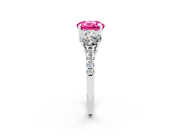 Silver Three-Stone Round Cut Pink Sapphire Ring with Round  Pavé Band and Prong Setting