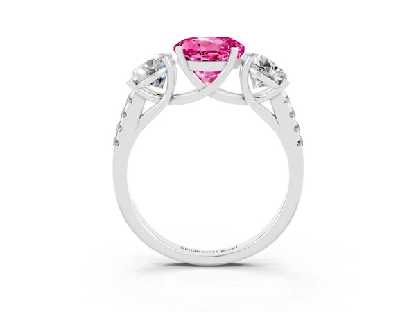 White gold Three-Stone Round Cut Pink Sapphire Ring with Round  Pavé Band and Prong Setting
