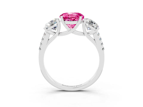 White gold Three-Stone Round Cut Pink Sapphire Ring with Pavé Band and Prong Setting_39