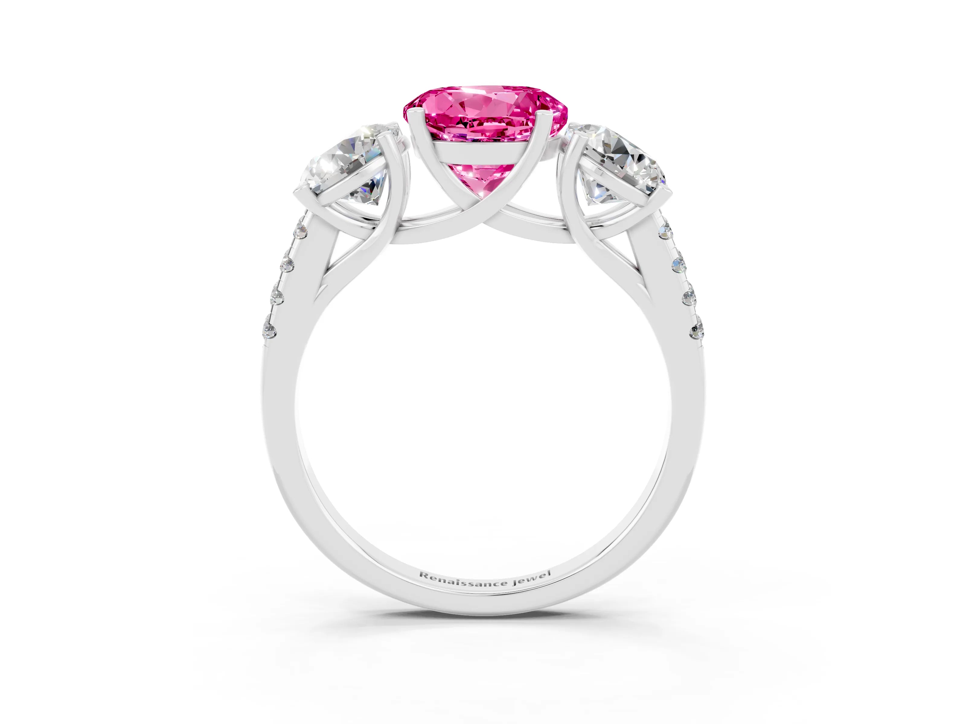 White gold Three-Stone Round Cut Pink Sapphire Ring with Pavé Band and Prong Setting_39