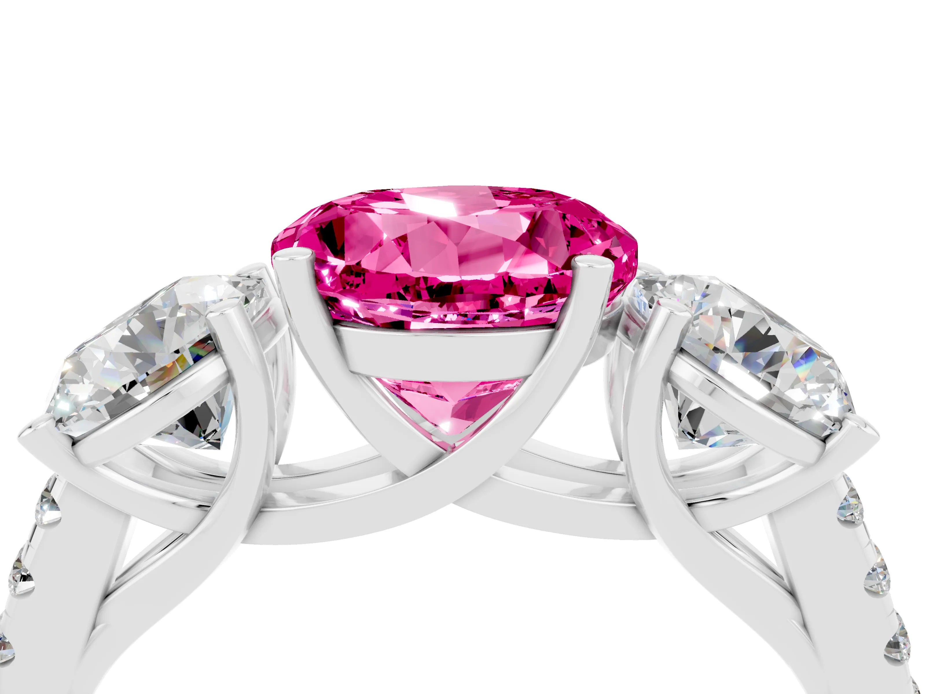 White gold Three-Stone Round Cut Pink Sapphire Ring with Pavé Band and Prong Setting_40