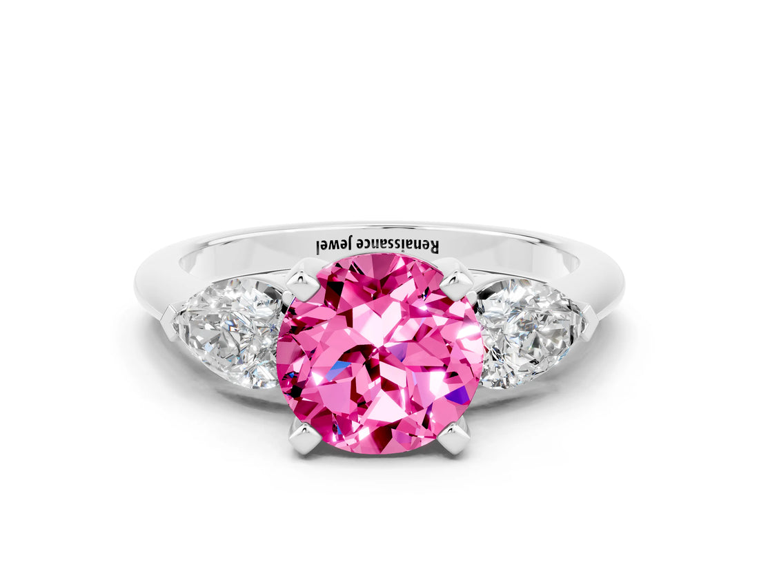 White gold Three-Stone Round Cut Pink Sapphire Ring with Pear Side Stones and Four-Prong Setting_42