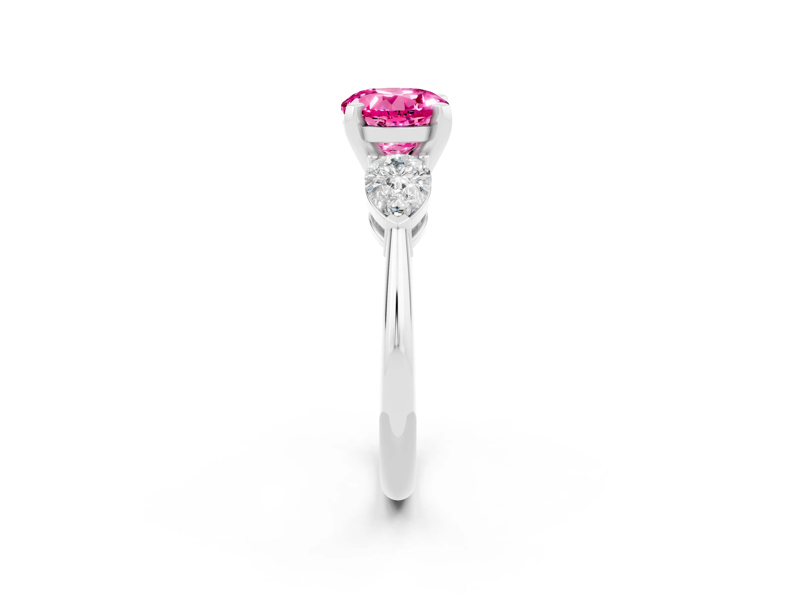 White gold Three-Stone Round Cut Pink Sapphire Ring with Pear Side Stones and Four-Prong Setting_44