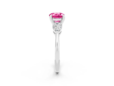 White gold Three-Stone Round Cut Pink Sapphire Ring with Pear Side Stones and Four-Prong Setting_44
