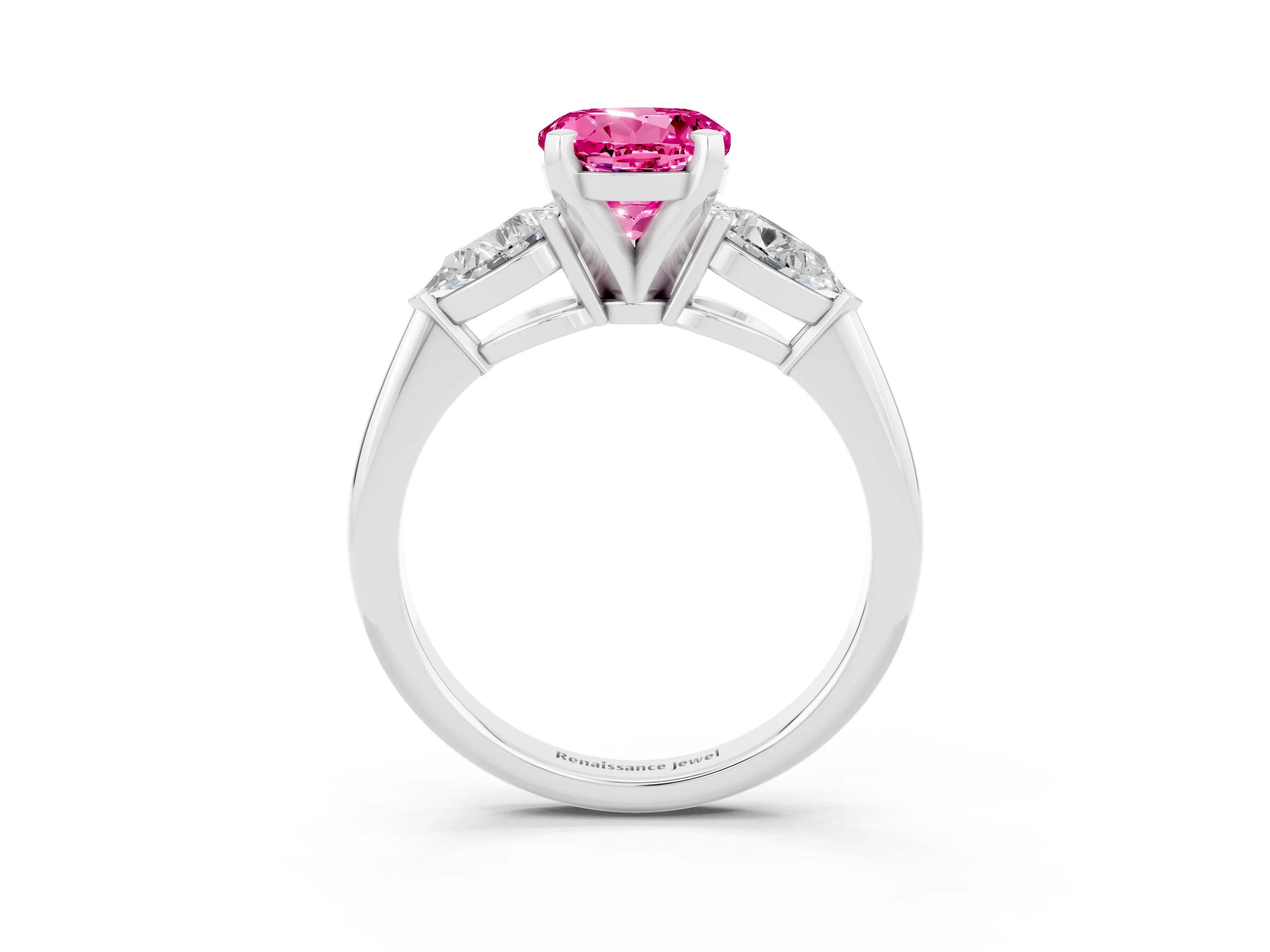White gold Three-Stone Round Cut Pink Sapphire Ring with Pear Side Stones and Four-Prong Setting_48