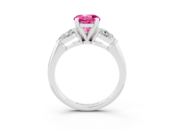 Silver Three-Stone Round Cut Pink Sapphire Ring with Pear Side Stones and Four-Prong Setting