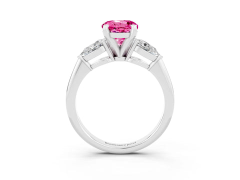 White gold Three-Stone Round Cut Pink Sapphire Ring with Pear Side Stones and Four-Prong Setting_48