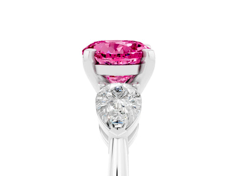 White gold Three-Stone Round Cut Pink Sapphire Ring with Pear Side Stones and Four-Prong Setting_53
