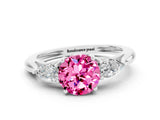 White gold Three-Stone Round Cut Pink Sapphire Ring with Pear  Side Stones in Four-Prong Setting_24