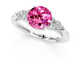 White gold Three-Stone Round Cut Pink Sapphire Ring with Pear  Side Stones in Four-Prong Setting_25