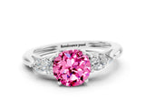 White gold Three-Stone Round Cut Pink Sapphire Ring with Pear  Side Stones in Four-Prong Setting_60