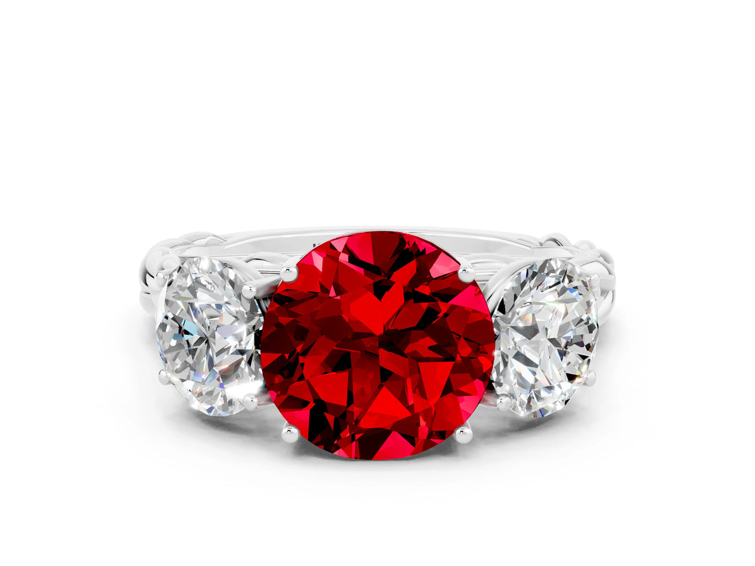 White gold Three-Stone Round Cut Ruby Braided Band Ring with Four-Prong Setting_12