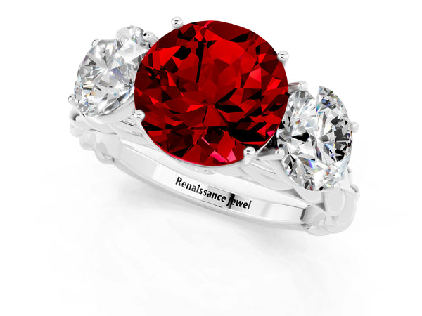 Silver Three-Stone Round Cut Ruby Braided Band Ring with Four-Prong Setting