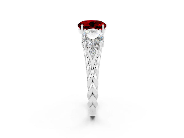 White gold Three-Stone Round Cut Ruby Braided Band Ring with Four-Prong Setting