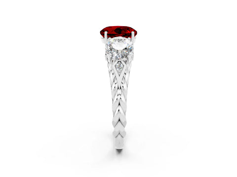 White gold Three-Stone Round Cut Ruby Braided Band Ring with Four-Prong Setting_14