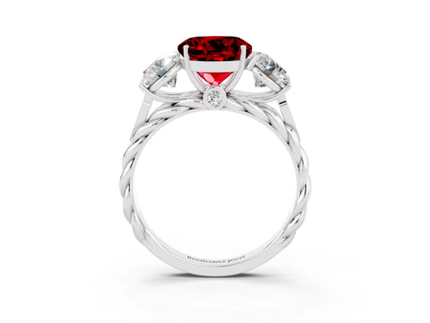 White gold Three-Stone Round Cut Ruby Braided Band Ring with Four-Prong Setting_15
