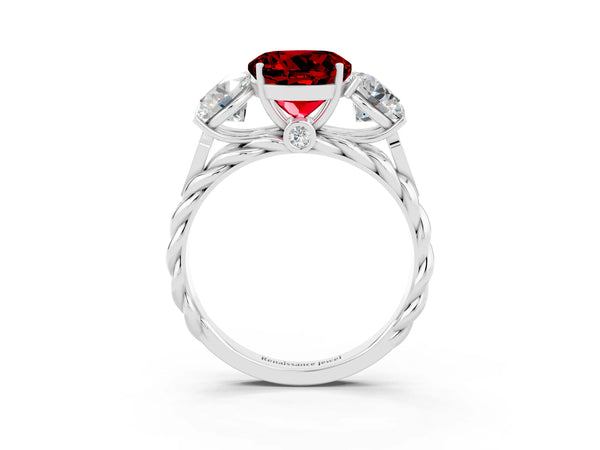 Silver Three-Stone Round Cut Ruby Braided Band Ring with Four-Prong Setting