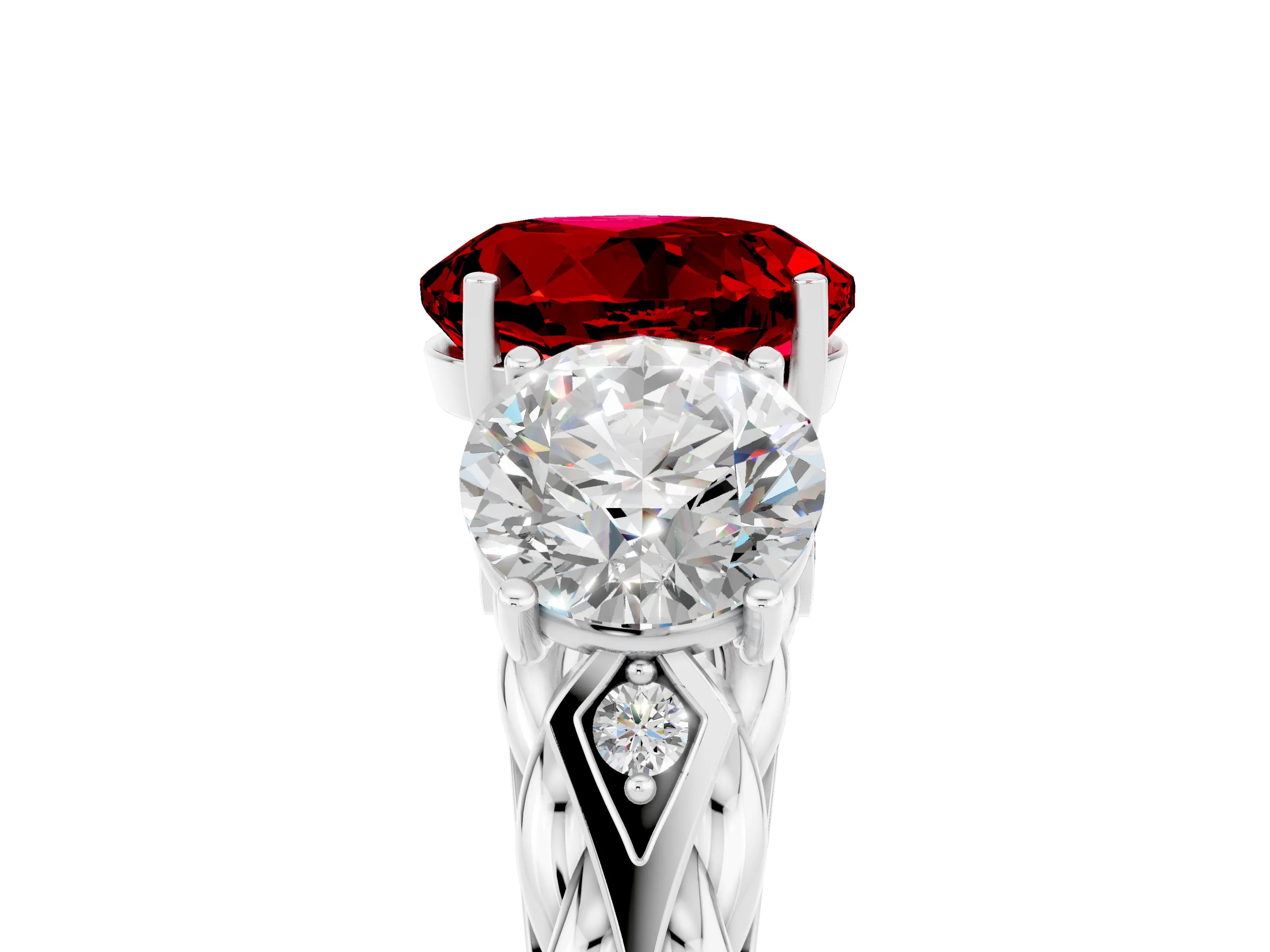 White gold Three-Stone Round Cut Ruby Braided Band Ring with Four-Prong Setting_17