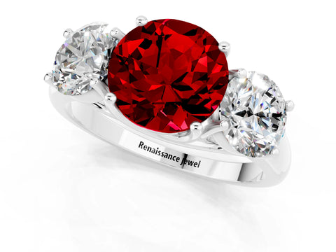 White gold Three-Stone Round Cut Ruby Engagement Ring with Prong Setting_1