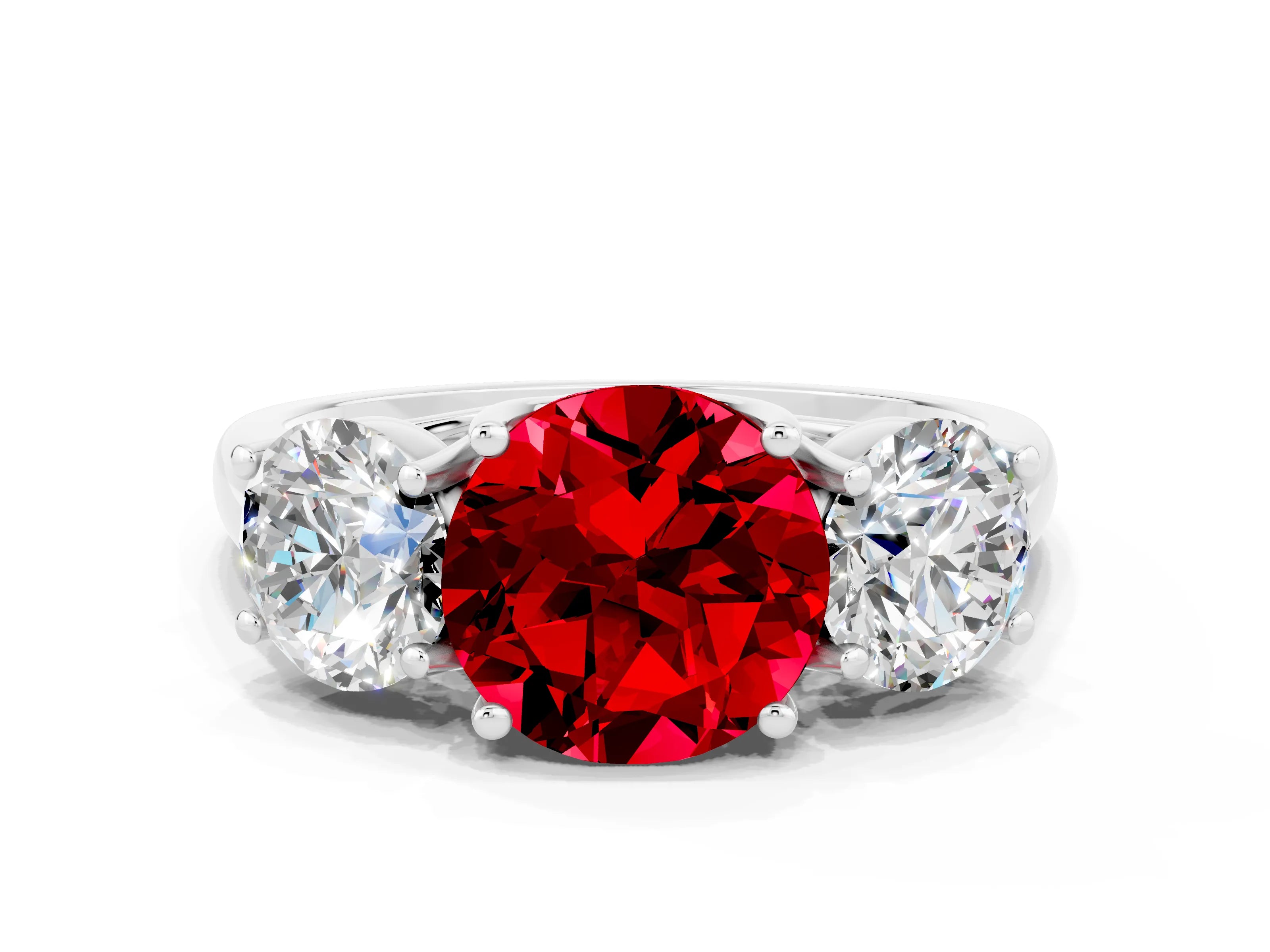 White gold Three-Stone Round Cut Ruby Engagement Ring with Prong Setting