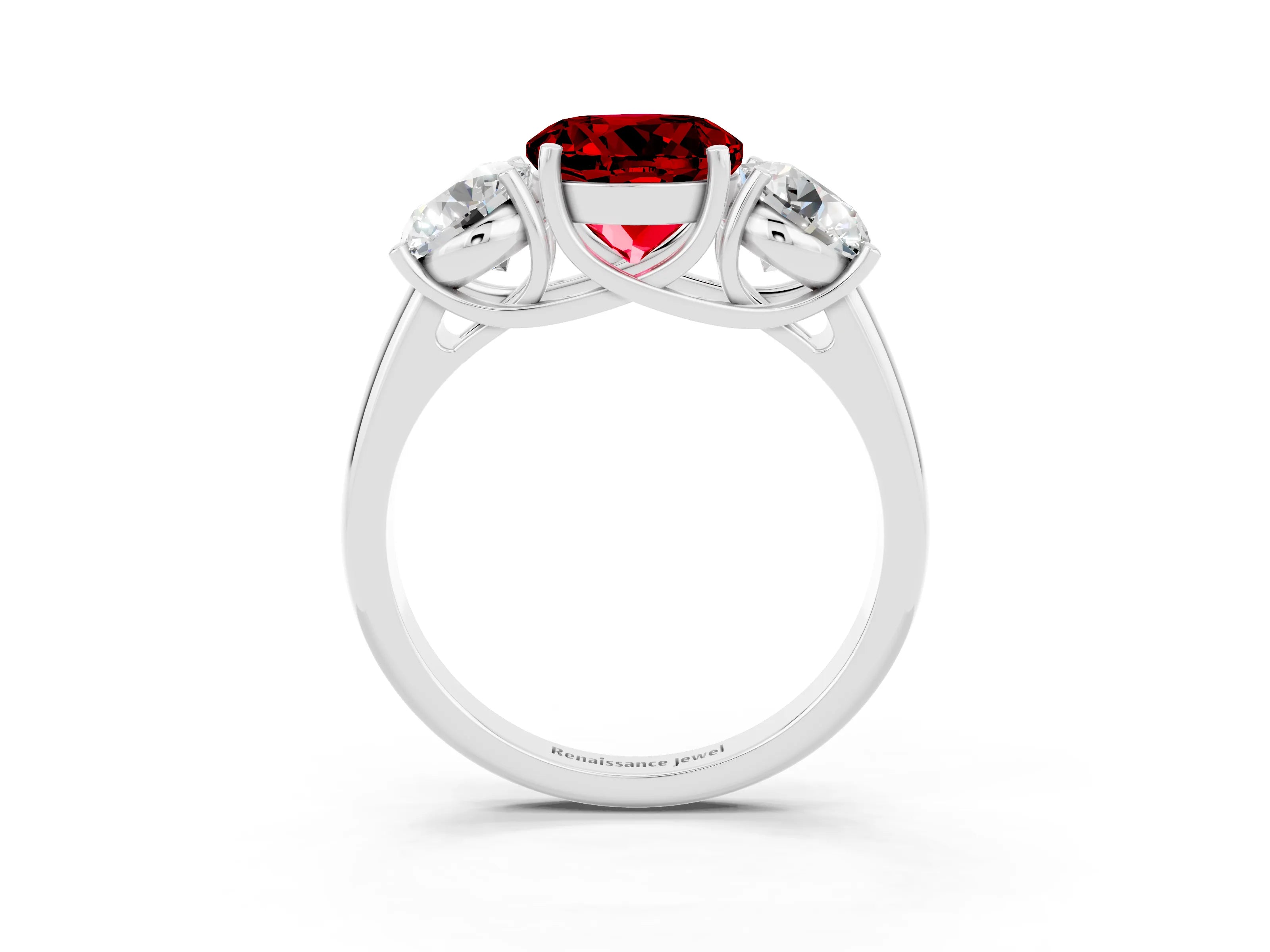 White gold Three-Stone Round Cut Ruby Engagement Ring with Prong Setting_3