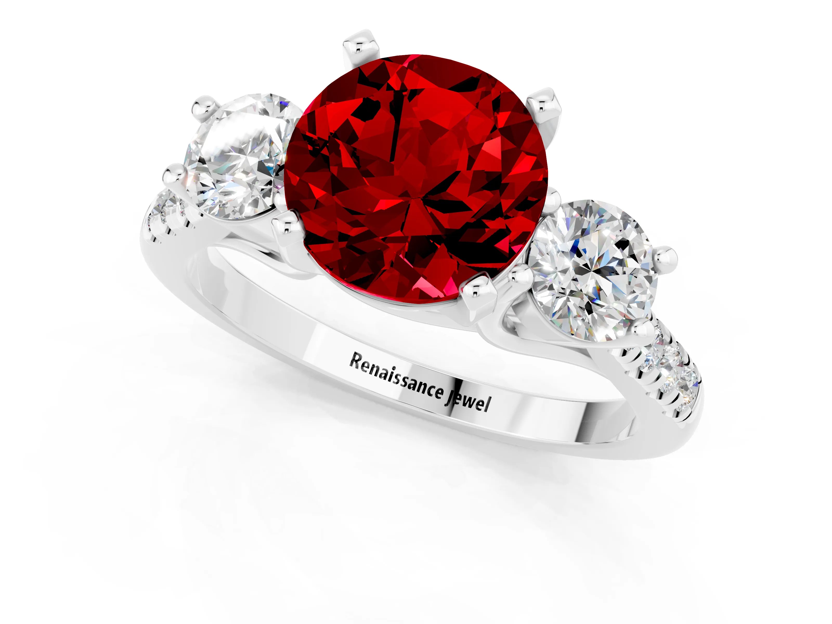 White gold Three-Stone Round Cut Ruby Pavé Band with Four-Prong Setting_1