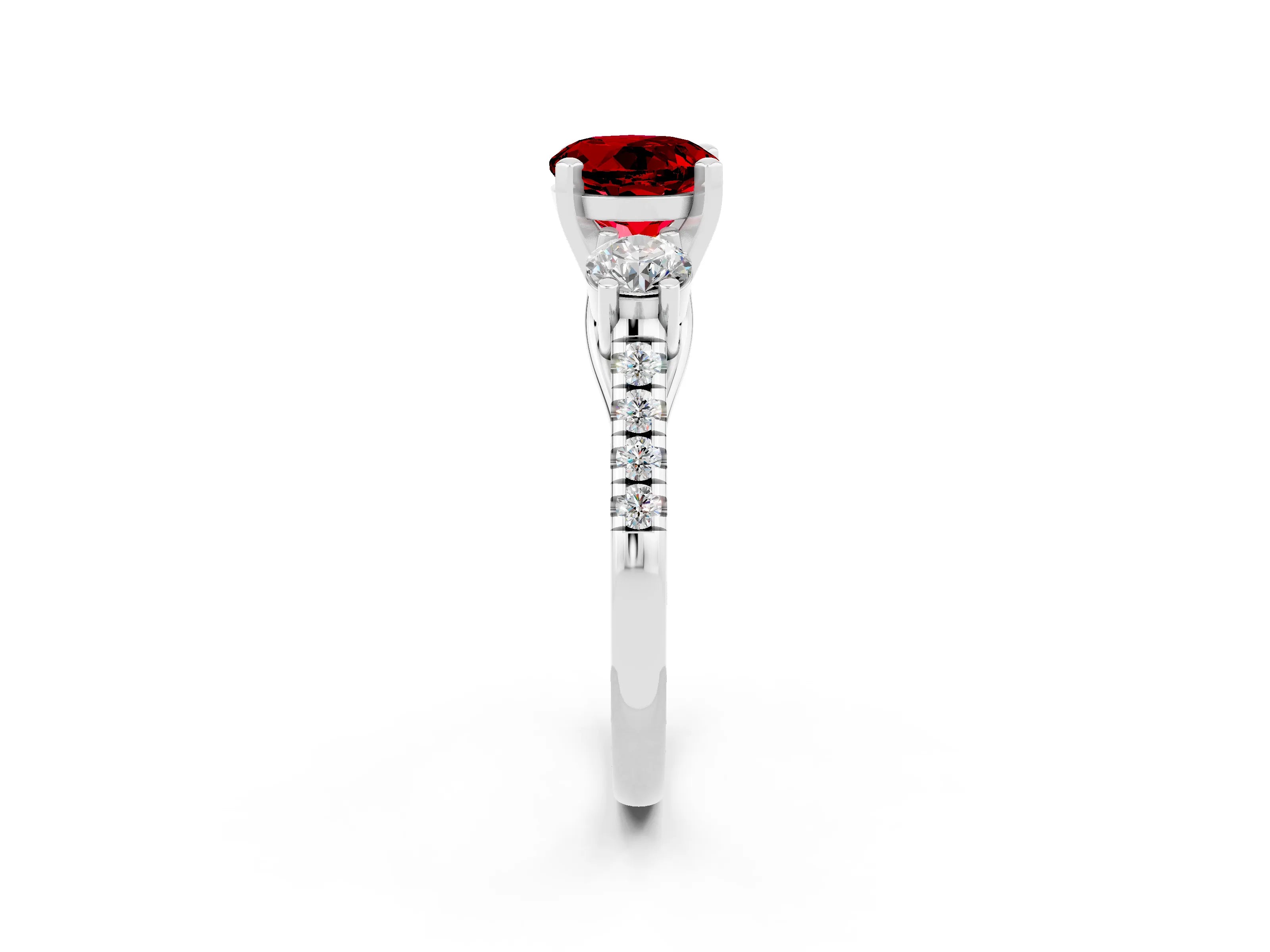 White gold Three-Stone Round Cut Ruby Pavé Band with Four-Prong Setting_2