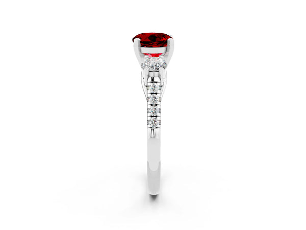 Platinum Three-Stone Round Cut Ruby Pavé Band with Four-Prong Setting