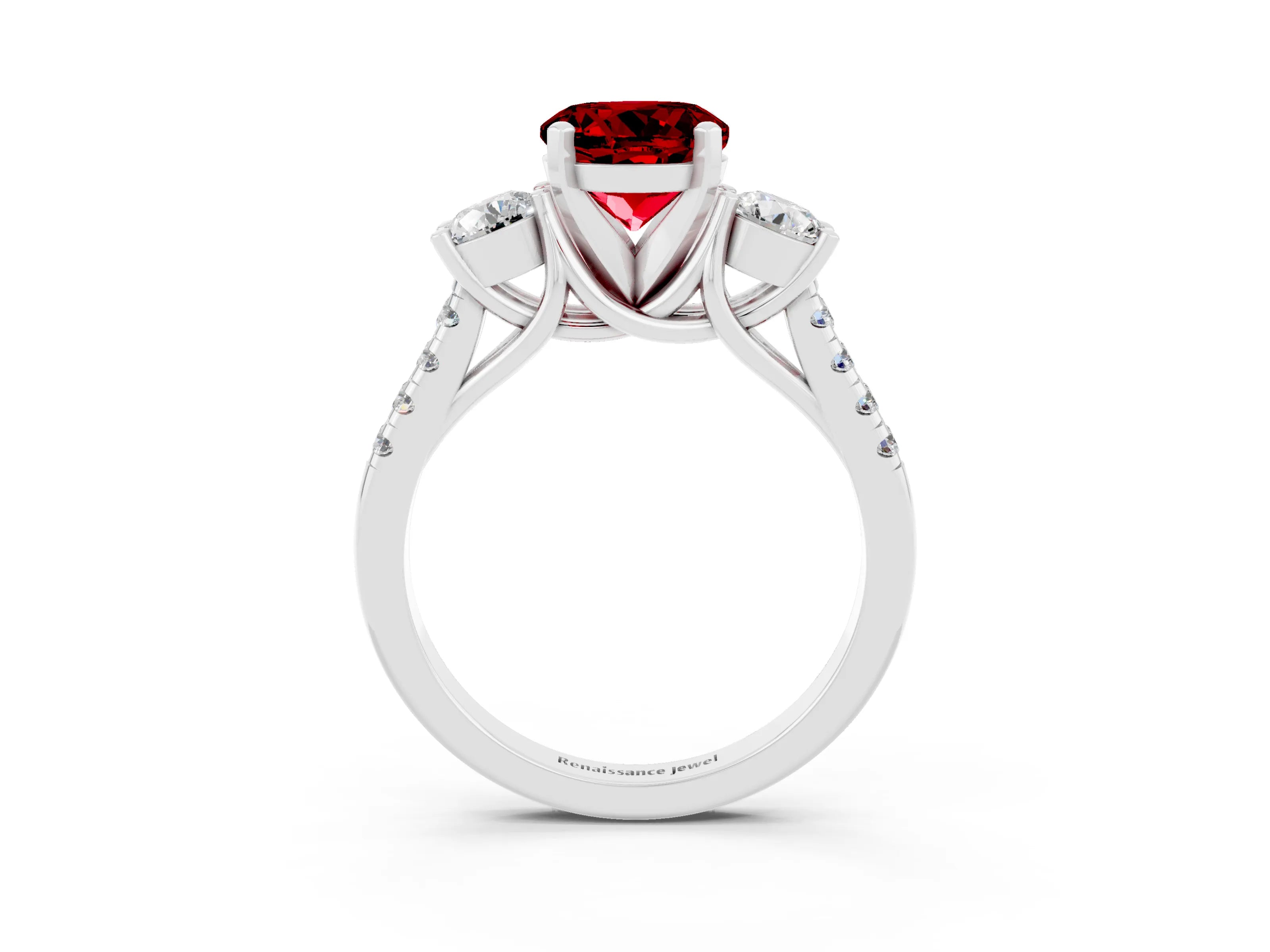 White gold Three-Stone Round Cut Ruby Pavé Band with Four-Prong Setting_3