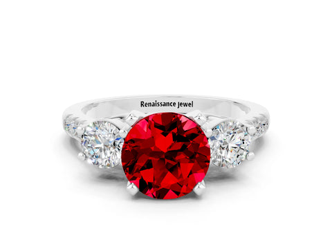 White gold Three-Stone Round Cut Ruby Pavé Band with Four-Prong Setting