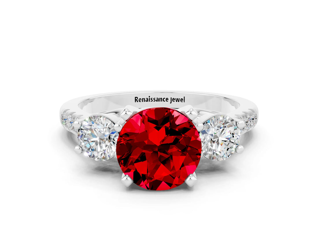 White gold Three-Stone Round Cut Ruby Pavé Band with Four-Prong Setting