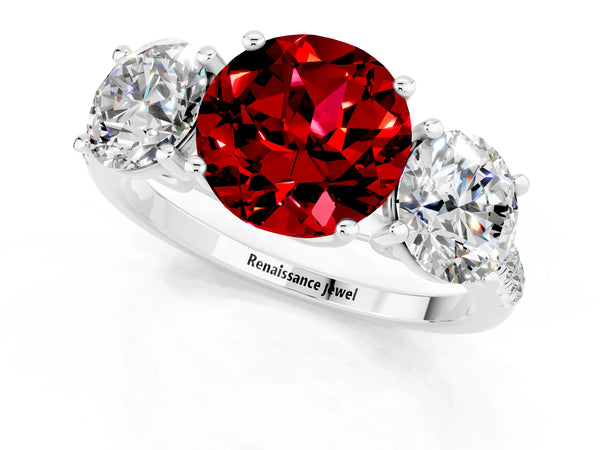 Platinum Three-Stone Round Cut Ruby Ring with Round  Pavé Band and Prong Setting