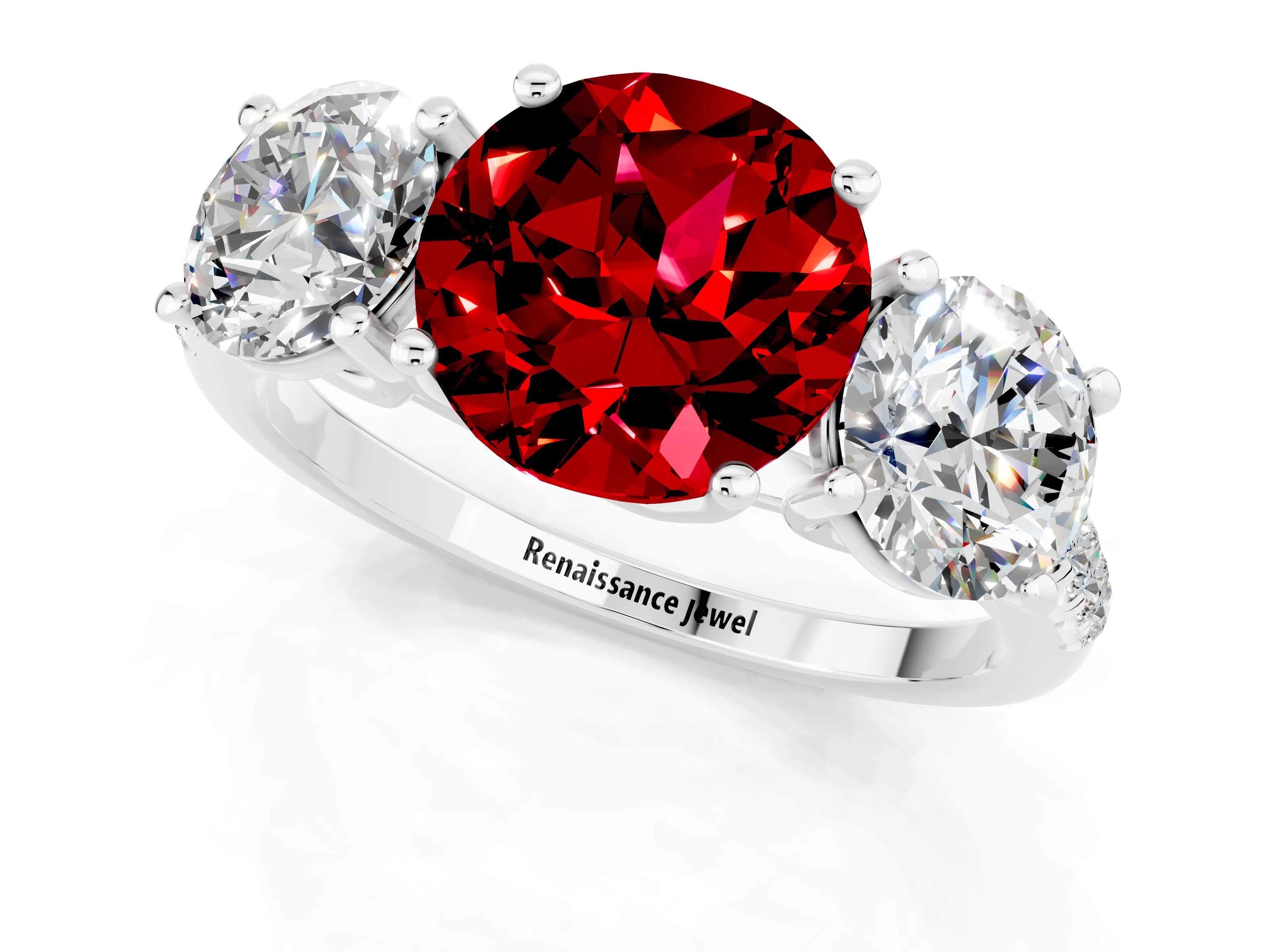 White gold Three-Stone Round Cut Ruby Ring with Pavé Band and Prong Setting_13