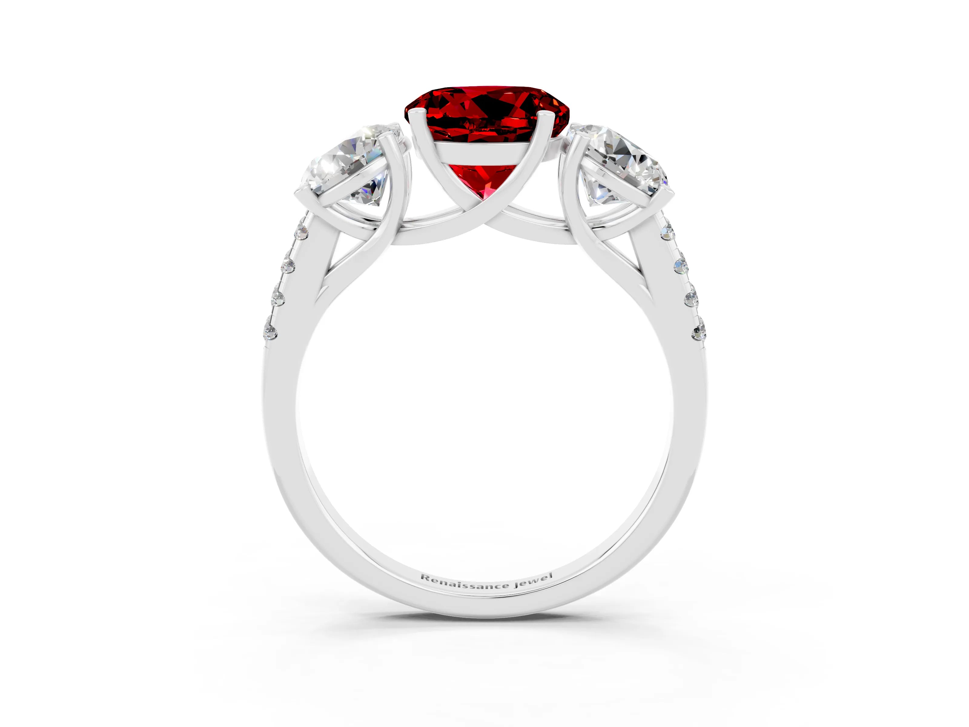 White gold Three-Stone Round Cut Ruby Ring with Pavé Band and Prong Setting_15