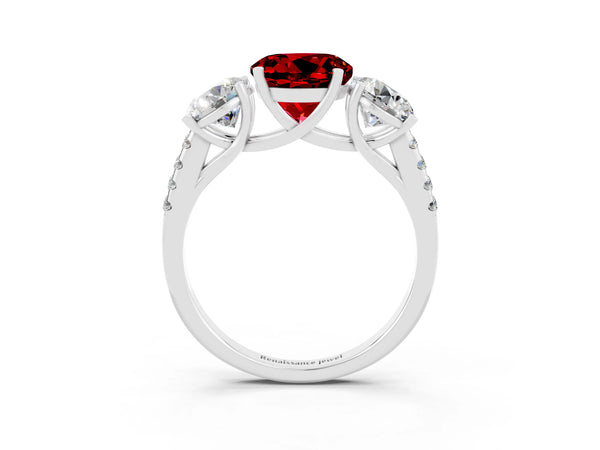 White gold Three-Stone Round Cut Ruby Ring with Round  Pavé Band and Prong Setting