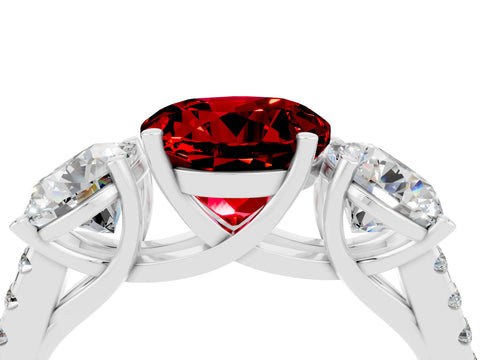 White gold Three-Stone Round Cut Ruby Ring with Pavé Band and Prong Setting_16