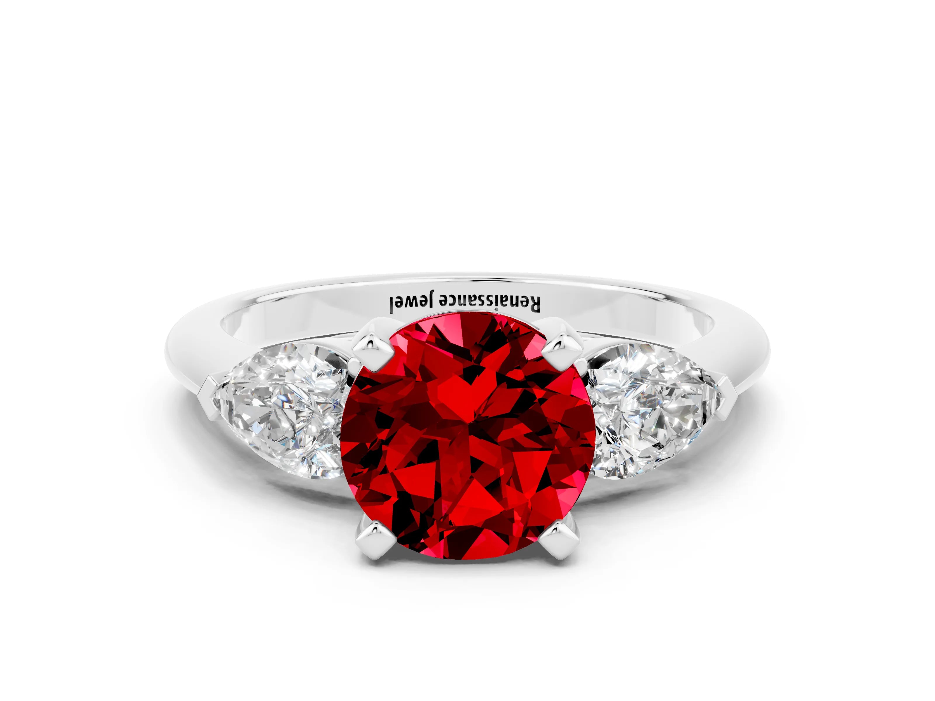 White gold Three-Stone Round Cut Ruby Ring with Pear Side Stones and Four-Prong Setting