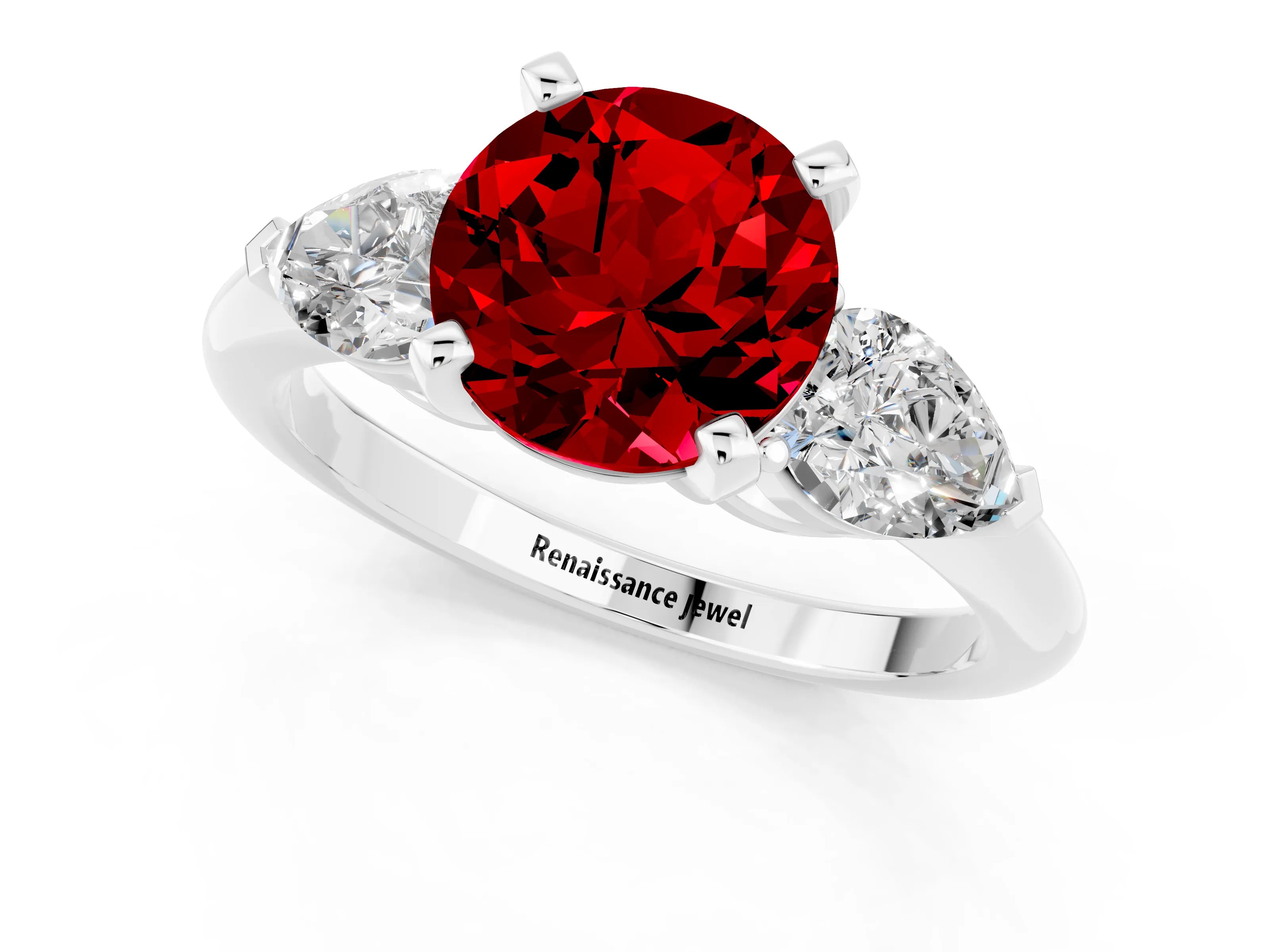 White gold Three-Stone Round Cut Ruby Ring with Pear Side Stones and Four-Prong Setting_1