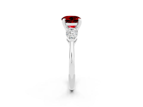 White gold Three-Stone Round Cut Ruby Ring with Pear Side Stones and Four-Prong Setting_2